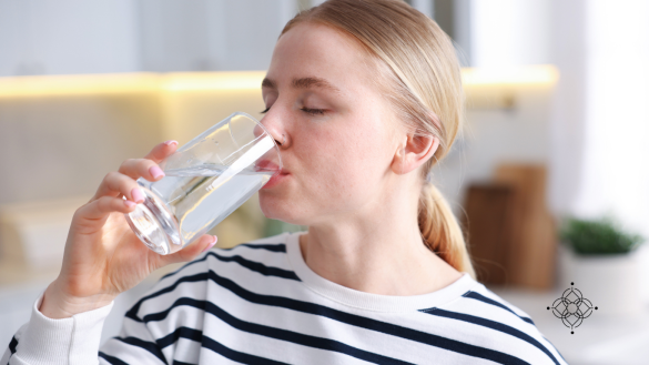 Mujer bebiendo agua y esperando el tiempo entre comidas para aprender cómo desinflamarte.